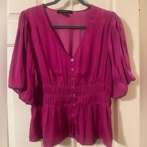 Marc New York Fuchsia Button Down Deep V Neck 3/4 Puff Sleeve Blouse Size Medium